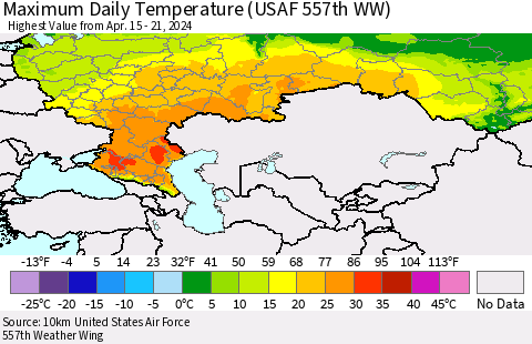 Russian Federation Maximum Daily Temperature (USAF 557th WW) Thematic Map For 4/15/2024 - 4/21/2024