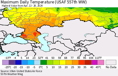 Russian Federation Maximum Daily Temperature (USAF 557th WW) Thematic Map For 4/22/2024 - 4/28/2024