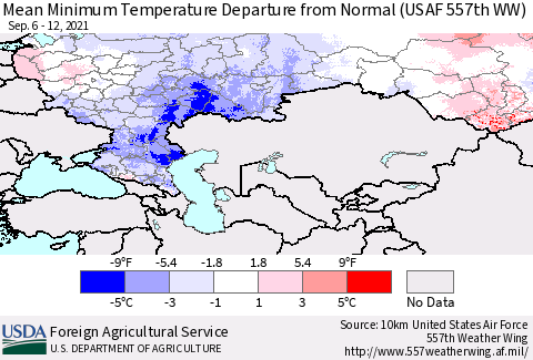 Russian Federation Mean Minimum Temperature Departure from Normal (USAF 557th WW) Thematic Map For 9/6/2021 - 9/12/2021