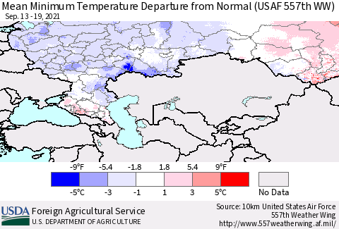 Russian Federation Mean Minimum Temperature Departure from Normal (USAF 557th WW) Thematic Map For 9/13/2021 - 9/19/2021