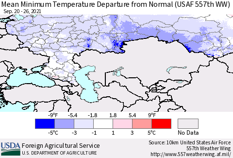 Russian Federation Mean Minimum Temperature Departure from Normal (USAF 557th WW) Thematic Map For 9/20/2021 - 9/26/2021