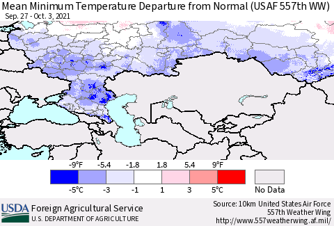 Russian Federation Mean Minimum Temperature Departure from Normal (USAF 557th WW) Thematic Map For 9/27/2021 - 10/3/2021