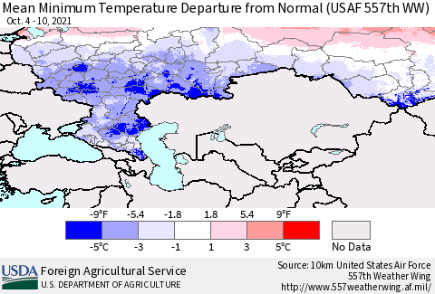 Russian Federation Mean Minimum Temperature Departure from Normal (USAF 557th WW) Thematic Map For 10/4/2021 - 10/10/2021