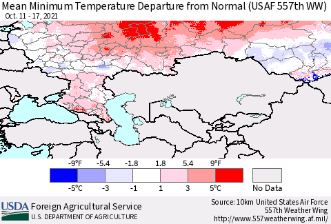 Russian Federation Mean Minimum Temperature Departure from Normal (USAF 557th WW) Thematic Map For 10/11/2021 - 10/17/2021