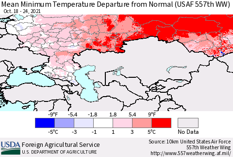 Russian Federation Mean Minimum Temperature Departure from Normal (USAF 557th WW) Thematic Map For 10/18/2021 - 10/24/2021