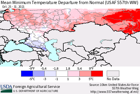 Russian Federation Mean Minimum Temperature Departure from Normal (USAF 557th WW) Thematic Map For 10/25/2021 - 10/31/2021