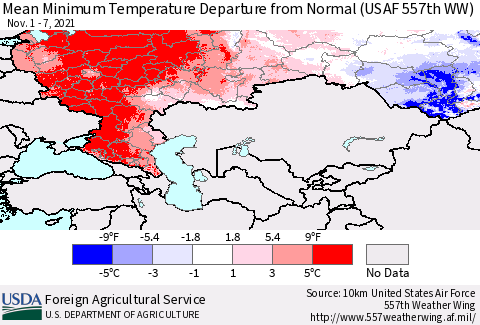 Russian Federation Mean Minimum Temperature Departure from Normal (USAF 557th WW) Thematic Map For 11/1/2021 - 11/7/2021
