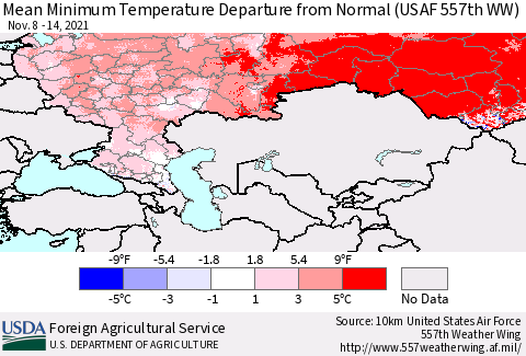Russian Federation Mean Minimum Temperature Departure from Normal (USAF 557th WW) Thematic Map For 11/8/2021 - 11/14/2021