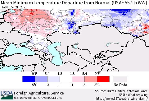 Russian Federation Mean Minimum Temperature Departure from Normal (USAF 557th WW) Thematic Map For 11/15/2021 - 11/21/2021