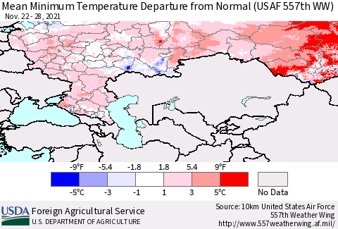 Russian Federation Mean Minimum Temperature Departure from Normal (USAF 557th WW) Thematic Map For 11/22/2021 - 11/28/2021