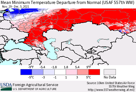 Russian Federation Mean Minimum Temperature Departure from Normal (USAF 557th WW) Thematic Map For 11/29/2021 - 12/5/2021