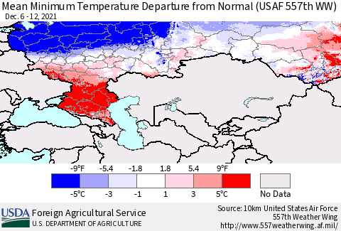 Russian Federation Mean Minimum Temperature Departure from Normal (USAF 557th WW) Thematic Map For 12/6/2021 - 12/12/2021