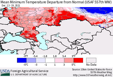 Russian Federation Mean Minimum Temperature Departure from Normal (USAF 557th WW) Thematic Map For 12/13/2021 - 12/19/2021