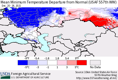 Russian Federation Mean Minimum Temperature Departure from Normal (USAF 557th WW) Thematic Map For 12/20/2021 - 12/26/2021