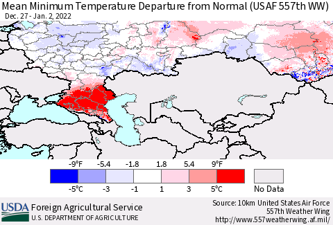 Russian Federation Mean Minimum Temperature Departure from Normal (USAF 557th WW) Thematic Map For 12/27/2021 - 1/2/2022