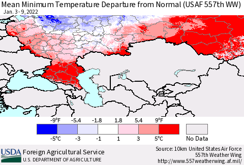 Russian Federation Mean Minimum Temperature Departure from Normal (USAF 557th WW) Thematic Map For 1/3/2022 - 1/9/2022