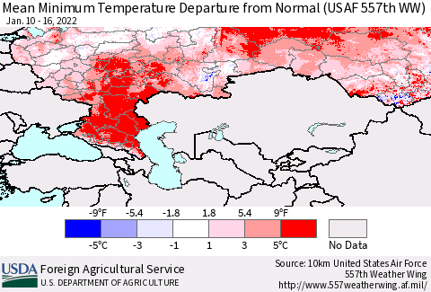 Russian Federation Mean Minimum Temperature Departure from Normal (USAF 557th WW) Thematic Map For 1/10/2022 - 1/16/2022