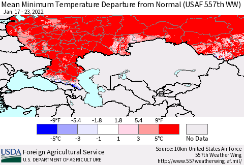 Russian Federation Mean Minimum Temperature Departure from Normal (USAF 557th WW) Thematic Map For 1/17/2022 - 1/23/2022