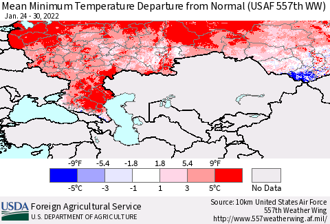 Russian Federation Mean Minimum Temperature Departure from Normal (USAF 557th WW) Thematic Map For 1/24/2022 - 1/30/2022