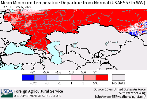Russian Federation Mean Minimum Temperature Departure from Normal (USAF 557th WW) Thematic Map For 1/31/2022 - 2/6/2022