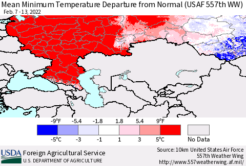 Russian Federation Mean Minimum Temperature Departure from Normal (USAF 557th WW) Thematic Map For 2/7/2022 - 2/13/2022