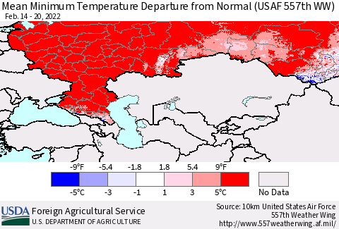 Russian Federation Mean Minimum Temperature Departure from Normal (USAF 557th WW) Thematic Map For 2/14/2022 - 2/20/2022