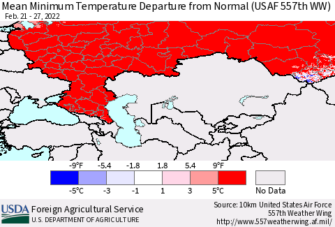 Russian Federation Mean Minimum Temperature Departure from Normal (USAF 557th WW) Thematic Map For 2/21/2022 - 2/27/2022