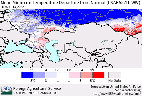 Russian Federation Mean Minimum Temperature Departure from Normal (USAF 557th WW) Thematic Map For 3/7/2022 - 3/13/2022
