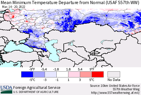 Russian Federation Mean Minimum Temperature Departure from Normal (USAF 557th WW) Thematic Map For 3/14/2022 - 3/20/2022