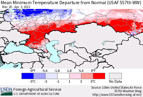 Russian Federation Mean Minimum Temperature Departure from Normal (USAF 557th WW) Thematic Map For 3/28/2022 - 4/3/2022