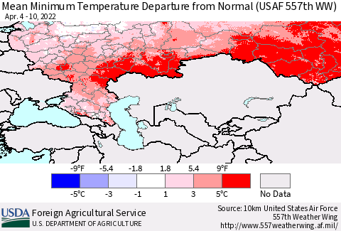 Russian Federation Mean Minimum Temperature Departure from Normal (USAF 557th WW) Thematic Map For 4/4/2022 - 4/10/2022