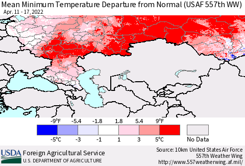 Russian Federation Mean Minimum Temperature Departure from Normal (USAF 557th WW) Thematic Map For 4/11/2022 - 4/17/2022