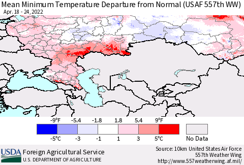 Russian Federation Mean Minimum Temperature Departure from Normal (USAF 557th WW) Thematic Map For 4/18/2022 - 4/24/2022