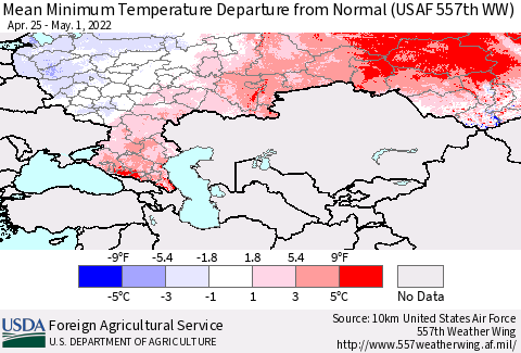 Russian Federation Mean Minimum Temperature Departure from Normal (USAF 557th WW) Thematic Map For 4/25/2022 - 5/1/2022