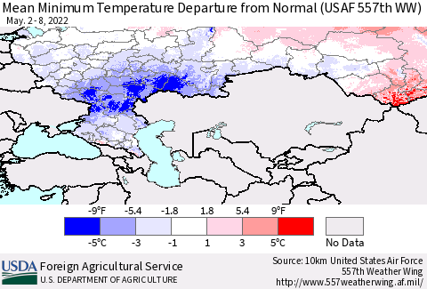 Russian Federation Mean Minimum Temperature Departure from Normal (USAF 557th WW) Thematic Map For 5/2/2022 - 5/8/2022