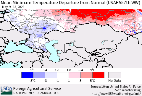 Russian Federation Mean Minimum Temperature Departure from Normal (USAF 557th WW) Thematic Map For 5/9/2022 - 5/15/2022