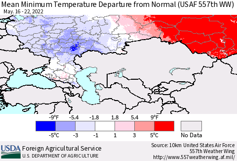 Russian Federation Mean Minimum Temperature Departure from Normal (USAF 557th WW) Thematic Map For 5/16/2022 - 5/22/2022