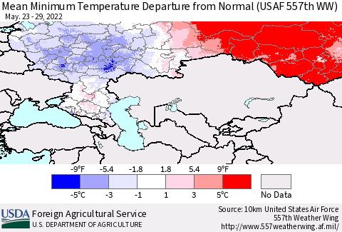 Russian Federation Mean Minimum Temperature Departure from Normal (USAF 557th WW) Thematic Map For 5/23/2022 - 5/29/2022
