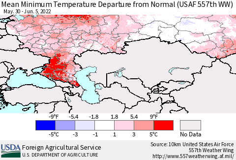 Russian Federation Mean Minimum Temperature Departure from Normal (USAF 557th WW) Thematic Map For 5/30/2022 - 6/5/2022