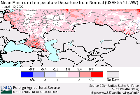 Russian Federation Mean Minimum Temperature Departure from Normal (USAF 557th WW) Thematic Map For 6/6/2022 - 6/12/2022