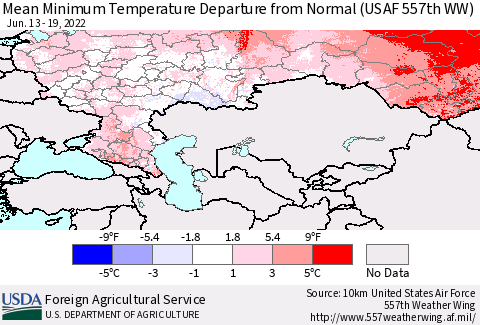 Russian Federation Mean Minimum Temperature Departure from Normal (USAF 557th WW) Thematic Map For 6/13/2022 - 6/19/2022