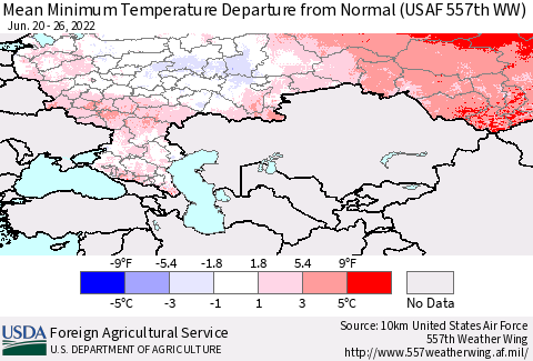Russian Federation Mean Minimum Temperature Departure from Normal (USAF 557th WW) Thematic Map For 6/20/2022 - 6/26/2022