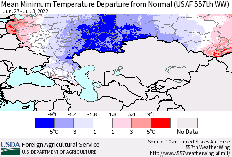 Russian Federation Mean Minimum Temperature Departure from Normal (USAF 557th WW) Thematic Map For 6/27/2022 - 7/3/2022