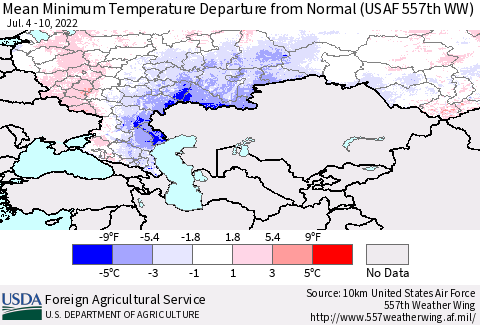 Russian Federation Mean Minimum Temperature Departure from Normal (USAF 557th WW) Thematic Map For 7/4/2022 - 7/10/2022