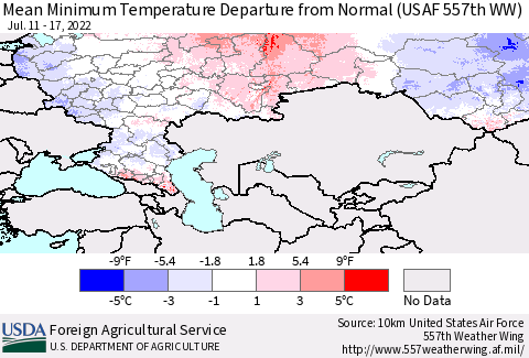 Russian Federation Mean Minimum Temperature Departure from Normal (USAF 557th WW) Thematic Map For 7/11/2022 - 7/17/2022