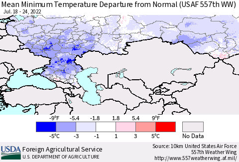 Russian Federation Mean Minimum Temperature Departure from Normal (USAF 557th WW) Thematic Map For 7/18/2022 - 7/24/2022