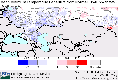 Russian Federation Mean Minimum Temperature Departure from Normal (USAF 557th WW) Thematic Map For 7/25/2022 - 7/31/2022