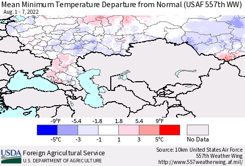 Russian Federation Mean Minimum Temperature Departure from Normal (USAF 557th WW) Thematic Map For 8/1/2022 - 8/7/2022