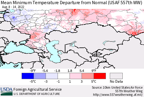 Russian Federation Mean Minimum Temperature Departure from Normal (USAF 557th WW) Thematic Map For 8/8/2022 - 8/14/2022