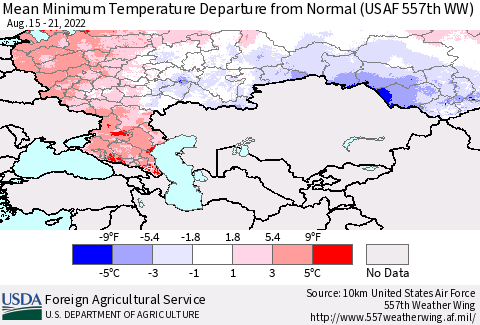 Russian Federation Mean Minimum Temperature Departure from Normal (USAF 557th WW) Thematic Map For 8/15/2022 - 8/21/2022